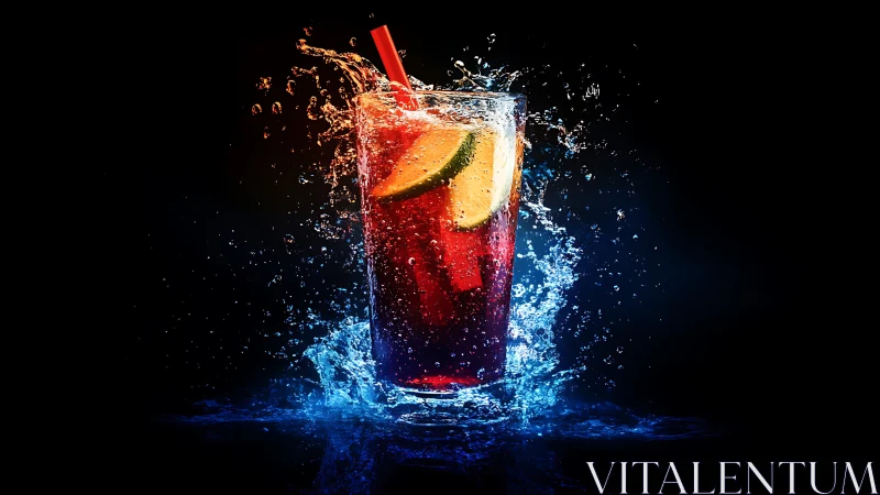 Dynamic Splash Cocktail with Citrus and Red Liquid.