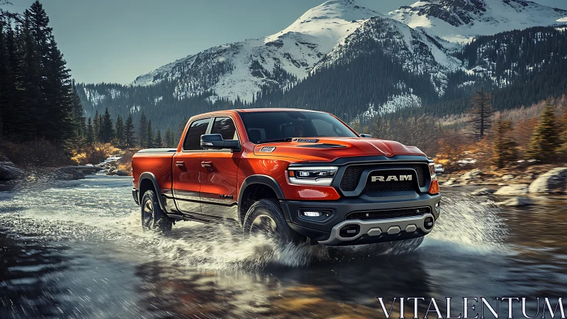 Red pickup truck driving through shallow mountain river stream.
