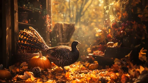 Autumn pheasant amid pumpkins in golden backlit forest.