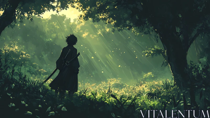 Silhouetted swordsman stands in sunlit, densely painted forest