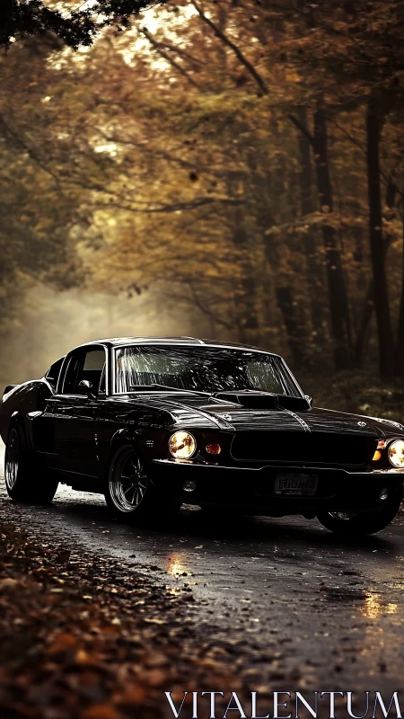 Vintage black muscle car on wet forest road at dusk.
