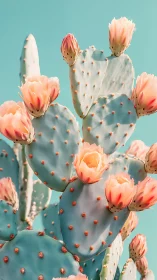 Prickly Pear Cactus Blooming Against Turquoise Sky.