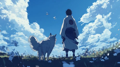 Samurai wanderer and dog under expansive cumulus sky