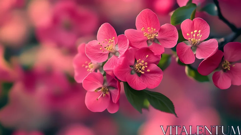 Pink Quince Blossoms. Spring Flowering Branch Details.