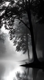Misty riverside forest unfolds in serene monochrome silence