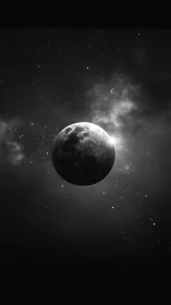 Monochrome planet in deep space with distant starlight.