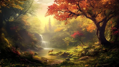 Enchanted Autumn Sanctuary Where Deer Discovers Golden Serenity.