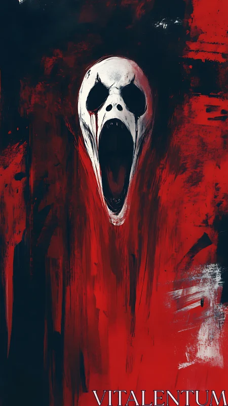 Elongated white skull mask on abstract red black field.