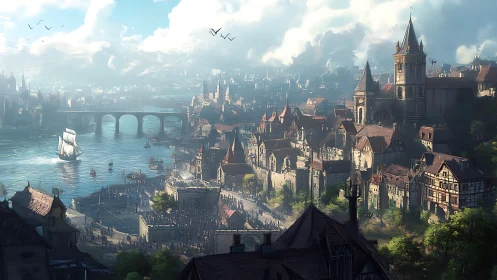 Digital painting of sunlit medieval riverside city panorama.
