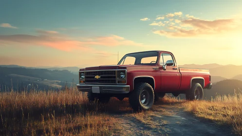 Classic red pickup truck stands on sunlit hilltop trail