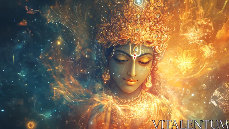 Serene cosmic goddess in radiant golden nebula veil.