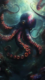 Massive bioluminescent octopus in deep dark ocean scene.
