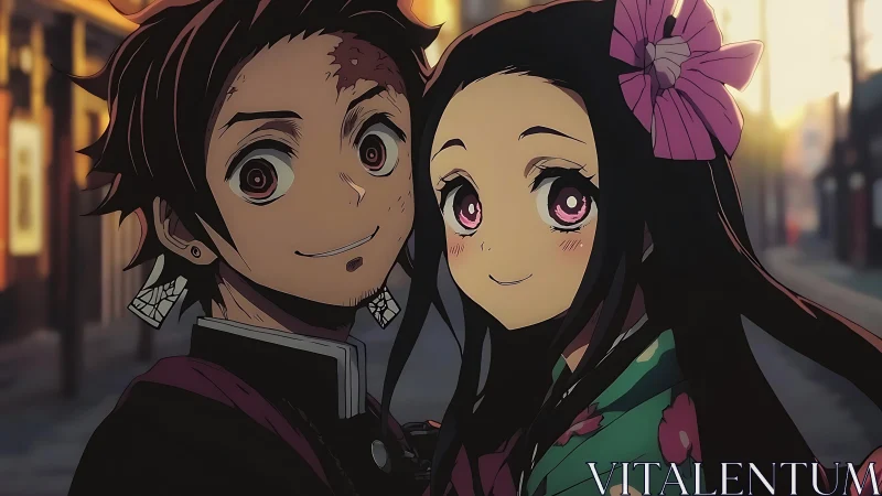 Sunset-soaked siblings share quiet smiles on lantern street