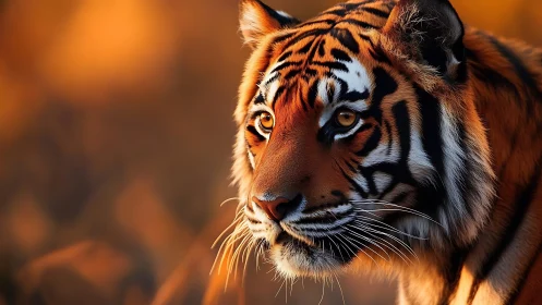 Tiger portrait in warm backlight with shallow depth of field.