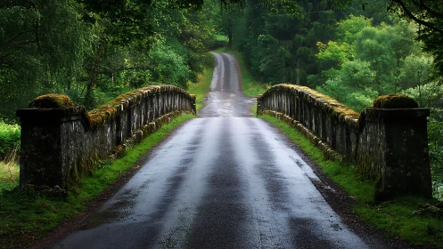 Misty forest road invites a quiet walk across a mossy bridge