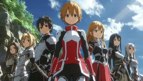 Anime heroic squad in tactical armor under dramatic sky.