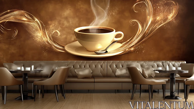 Coffee shop interior shows mural with stylized steaming cup