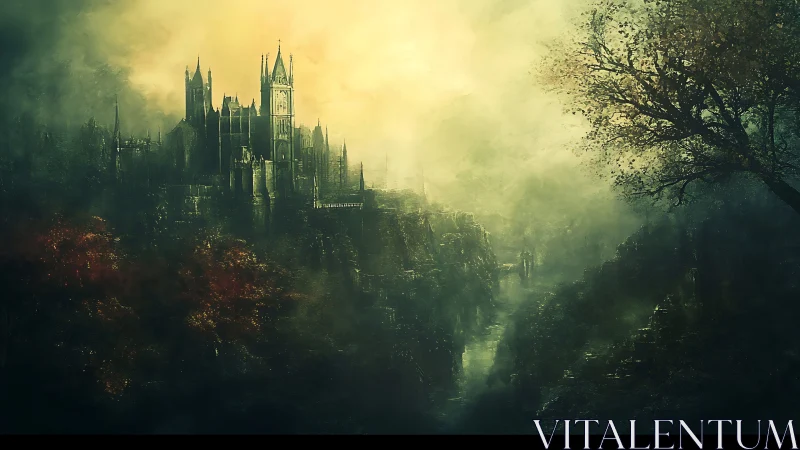 Gothic stone citadel above misted river gorge at dusk.