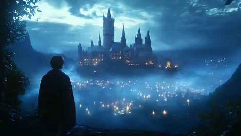 Silhouetted figure overlooking luminous foggy hilltop castle.