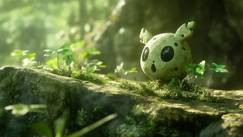 Stone forest creature rests on mossy sunlit rock ledge