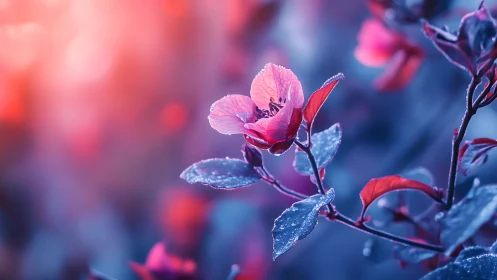 Pink Frost Bloom. Crystalline Flowers Against Blue Twilight.