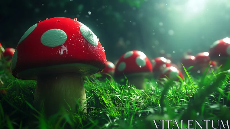 Red toadstools glow under dreamy forest sunlight beams.