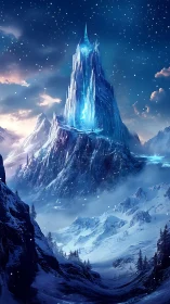 Crystal ice citadel rises over moonlit alpine valley.