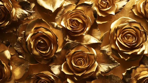 Gilded metallic rose flowers rendered in reflective gold 3D sculpture