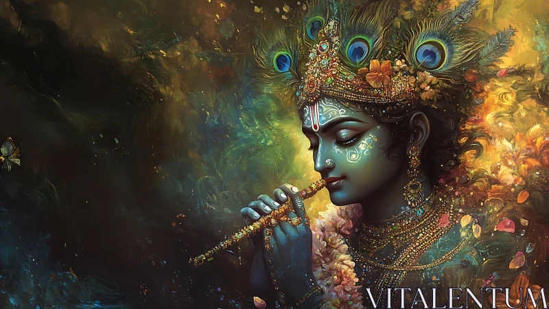 Celestial flutist draped in peacock fire and jeweled dusk.