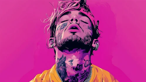 Vector portrait depicts tattooed male subject on magenta background