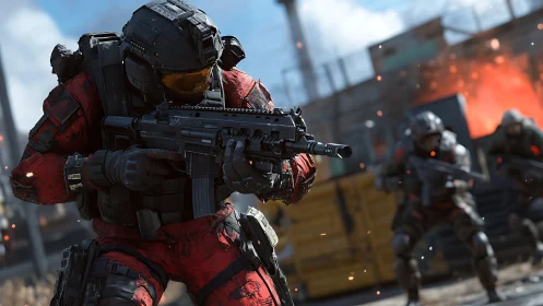 Armored soldier advances through explosive urban firefight.