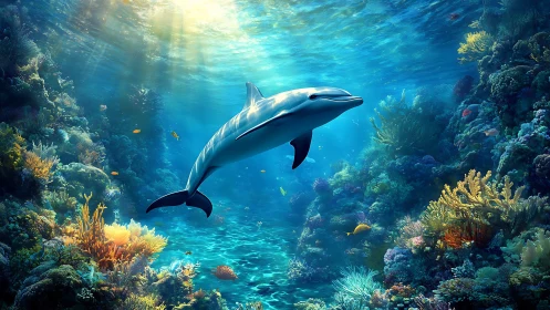 Dolphin glides through sunlit coral reef seascape panorama.