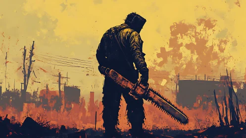 Chainsaw drifter stalks a rust-burned apocalyptic horizon.