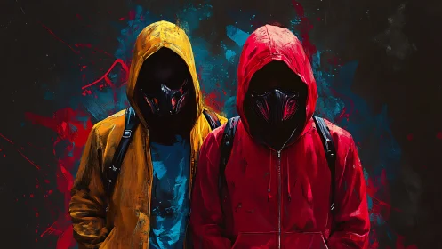 Masked urban figures in red and yellow hoodies on dark backdrop