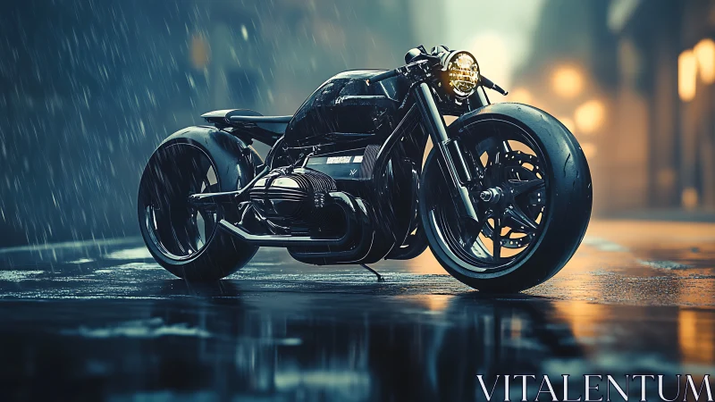 Sleek black concept motorcycle waits on a rain-soaked street