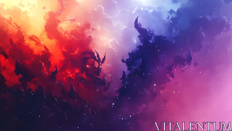 Nebula-like abstract clouds with opposing dark silhouettes.