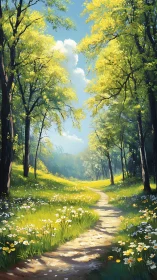 Sunlit Forest Path Through Yellow Trees and Wildflowers
