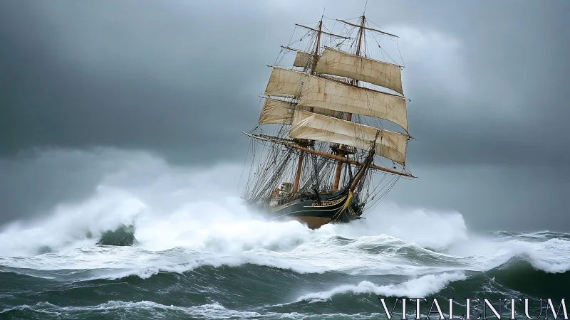Square-rigged tall ship under storm-forced swell dynamics.