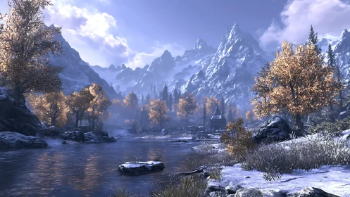 Snow-covered mountain valley with river, golden trees, and distant peaks