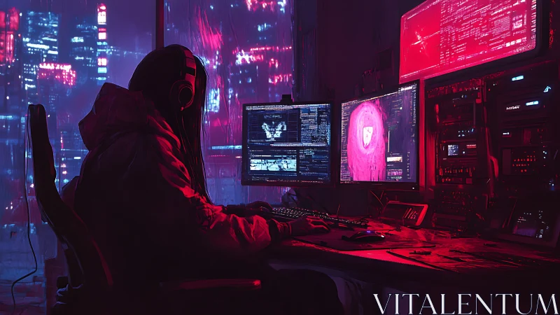 Hooded hacker at multi-monitor rig in neon cyberpunk city.