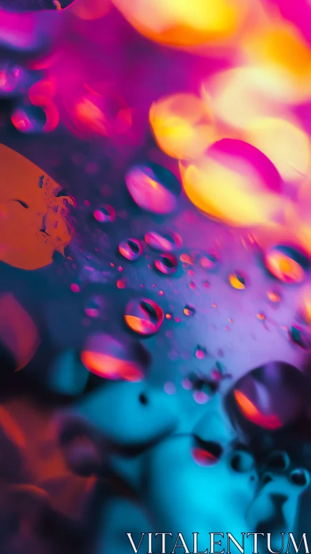 Macro bokeh study of neon-lit droplets on glass surface