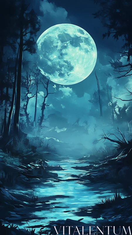 Enormous blue moon illuminates an ethereal midnight river.