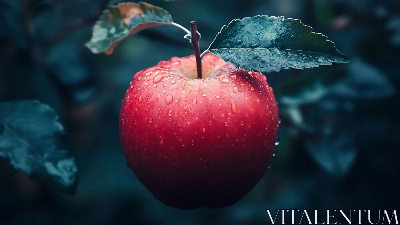 Morning-kissed red apple glows softly against deep green leaves