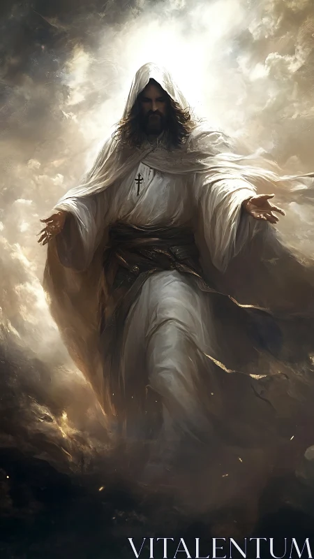 Hooded robed figure with outstretched arms in glowing clouds.
