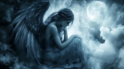 Melancholic moonlit angel resting within ethereal clouds.
