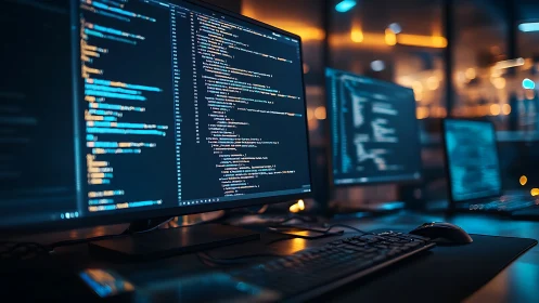 Glowing monitors reveal clean, colorful code in a calm office