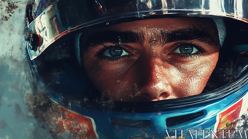 Calm racer&rsquo;s steady gaze behind a battle-worn helmet.