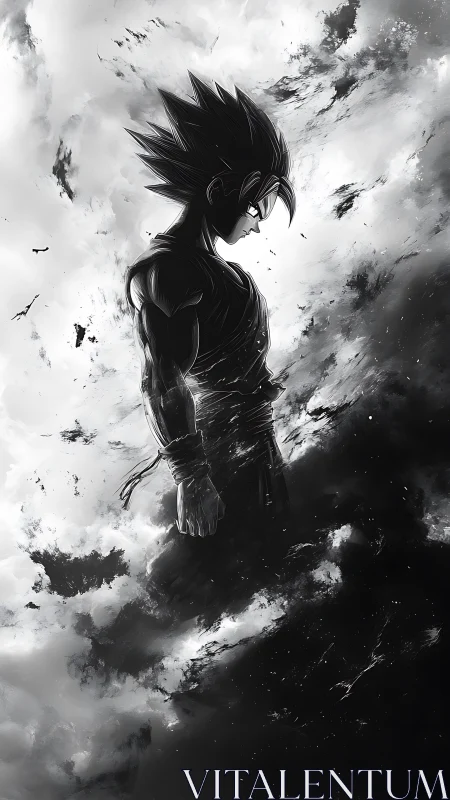 Stoic anime warrior stands between light sky and darkness