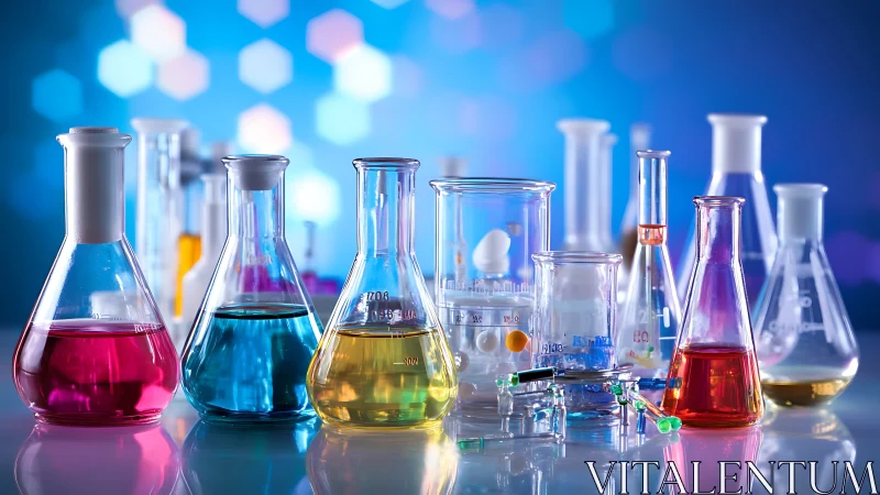 Colorful chemistry glassware glows under cool lab lighting