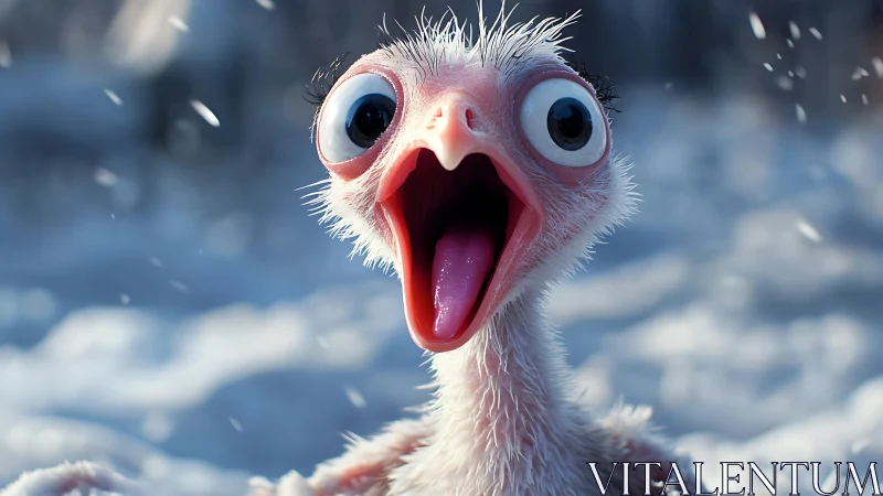 Surprised Cartoon Ostrich Chick in Snowy Environment, Digital Art.